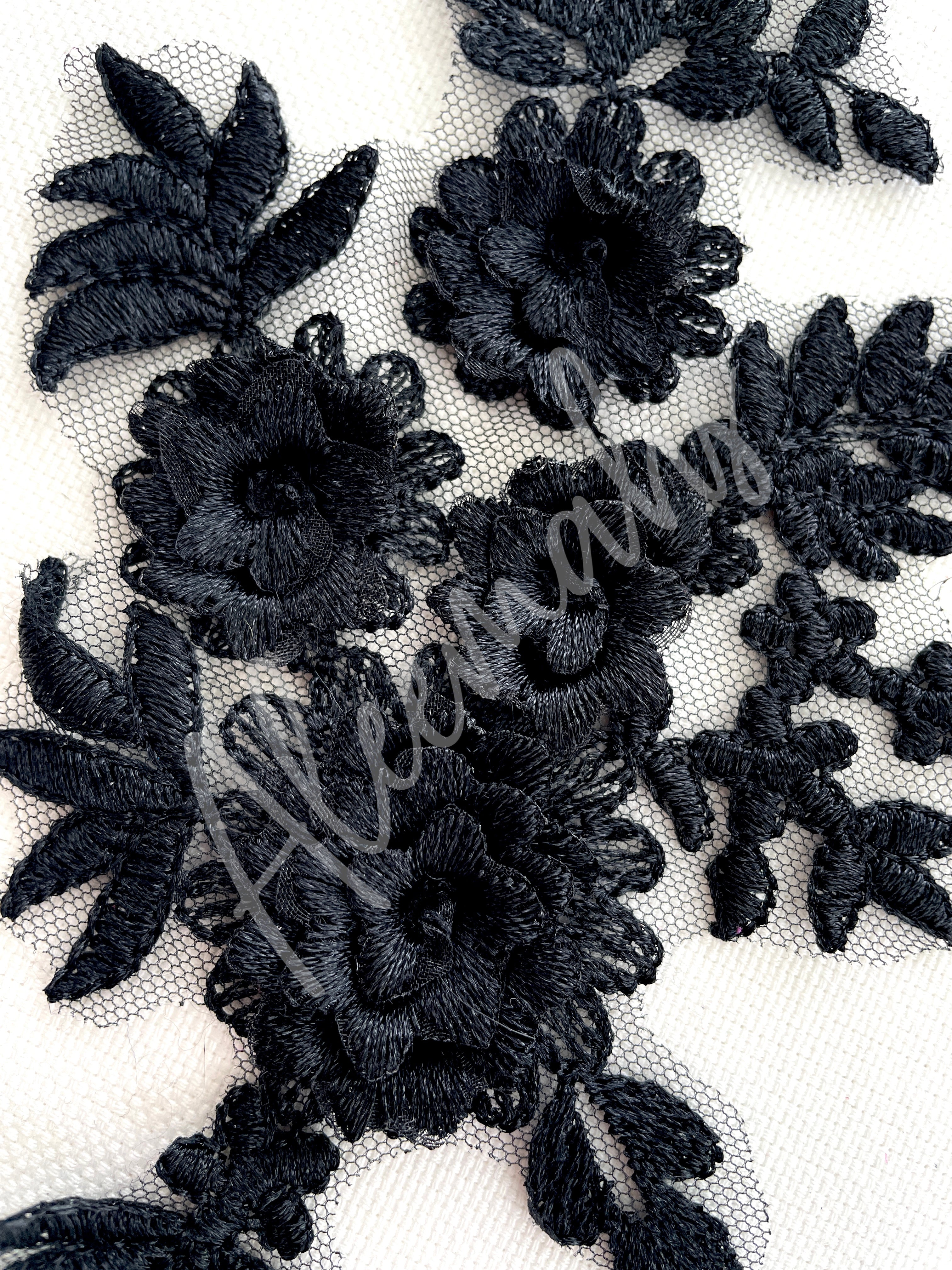 LA-033: 3D floral lace applique pair: Black