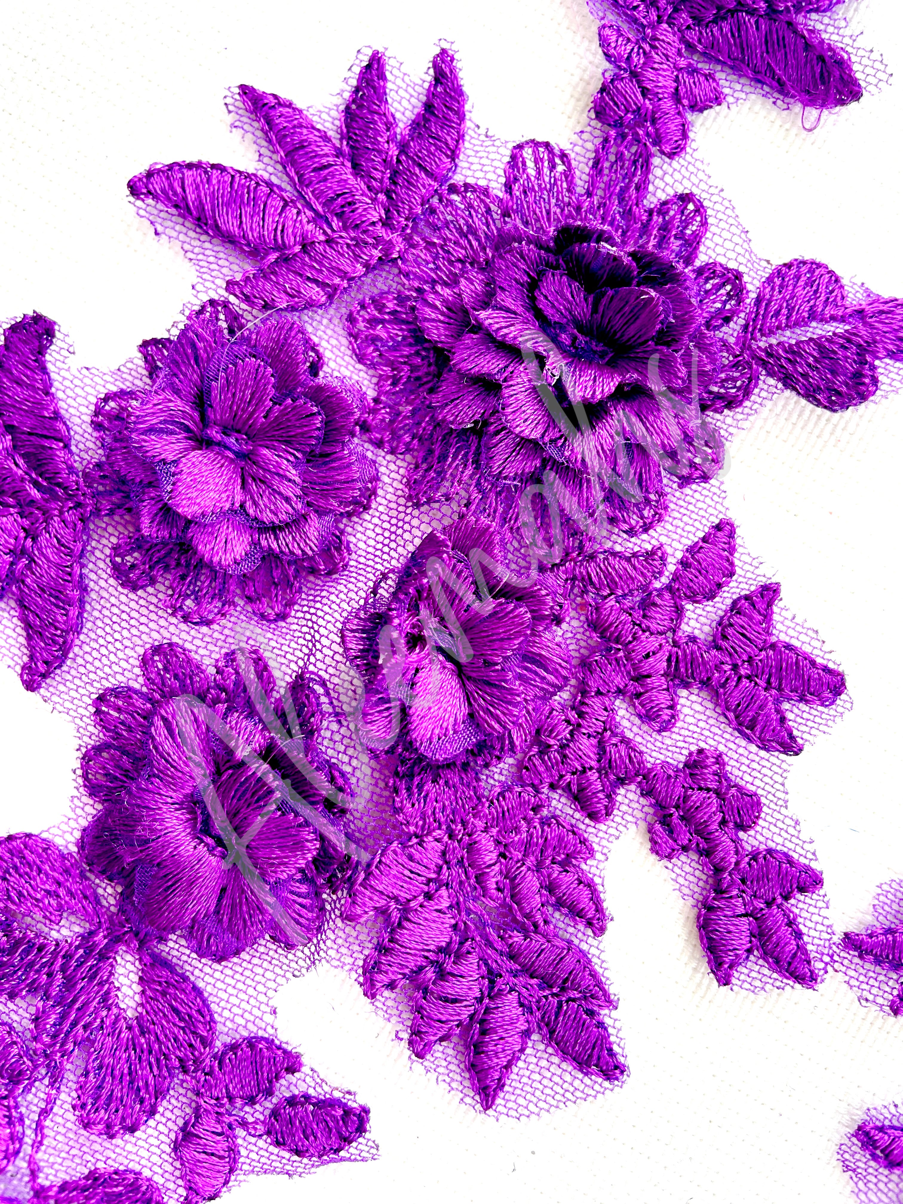 LA-033: 3D floral lace applique pair: Purple