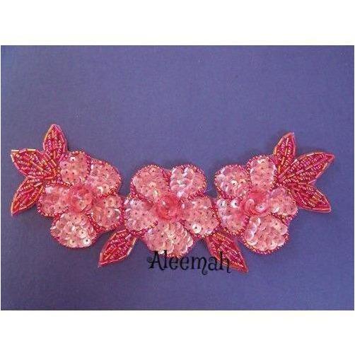 A - 015: Dark pink crystal sequin flower and leaf applique - Aleemahs
