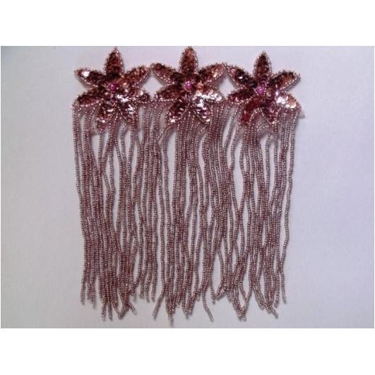 F - 013, Metallic Pink, sequin and bead, 3 flower, fringed applique - Aleemahs