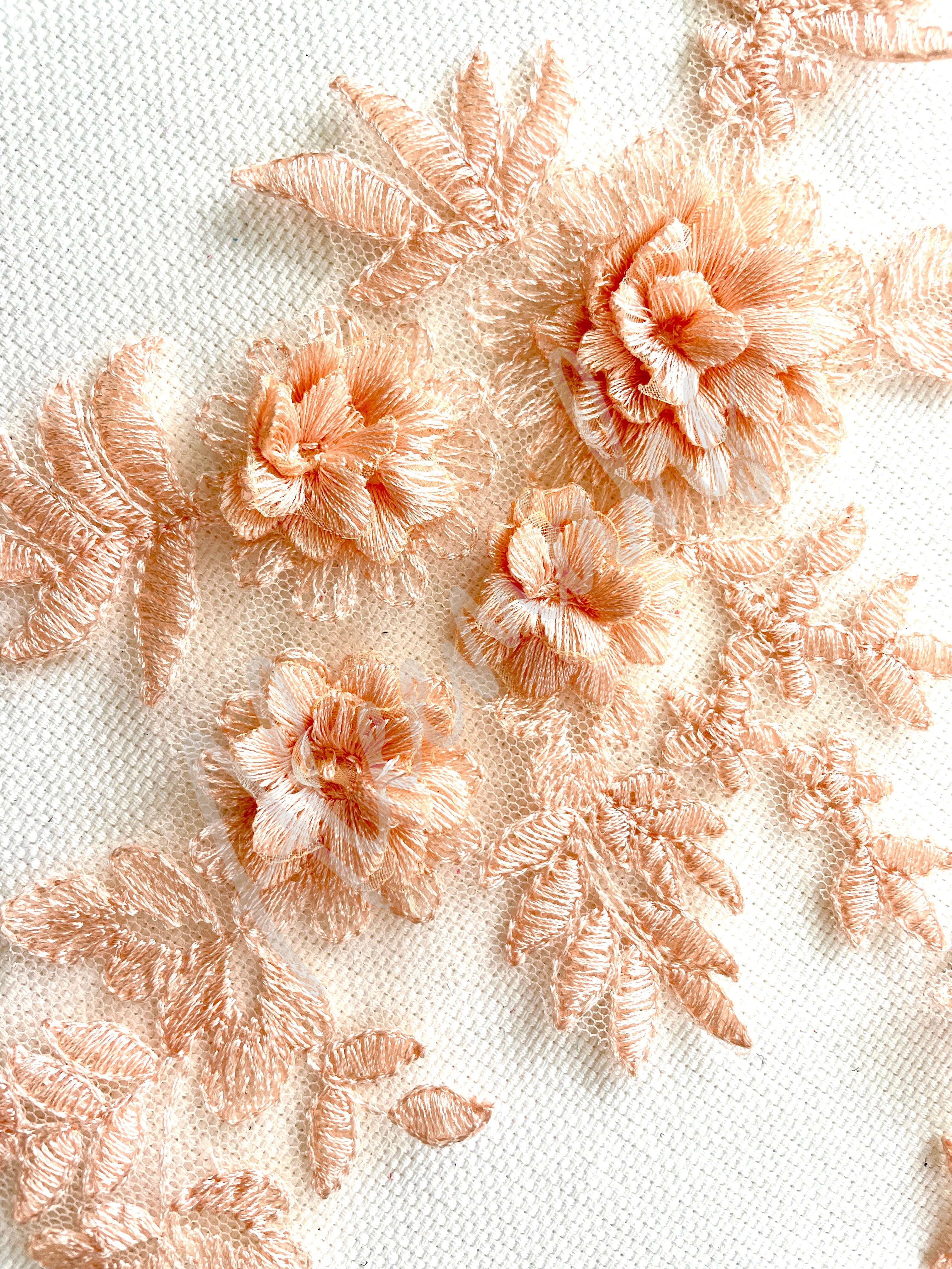 LA-033: 3D floral lace applique pair: Antique Pink/Apricot