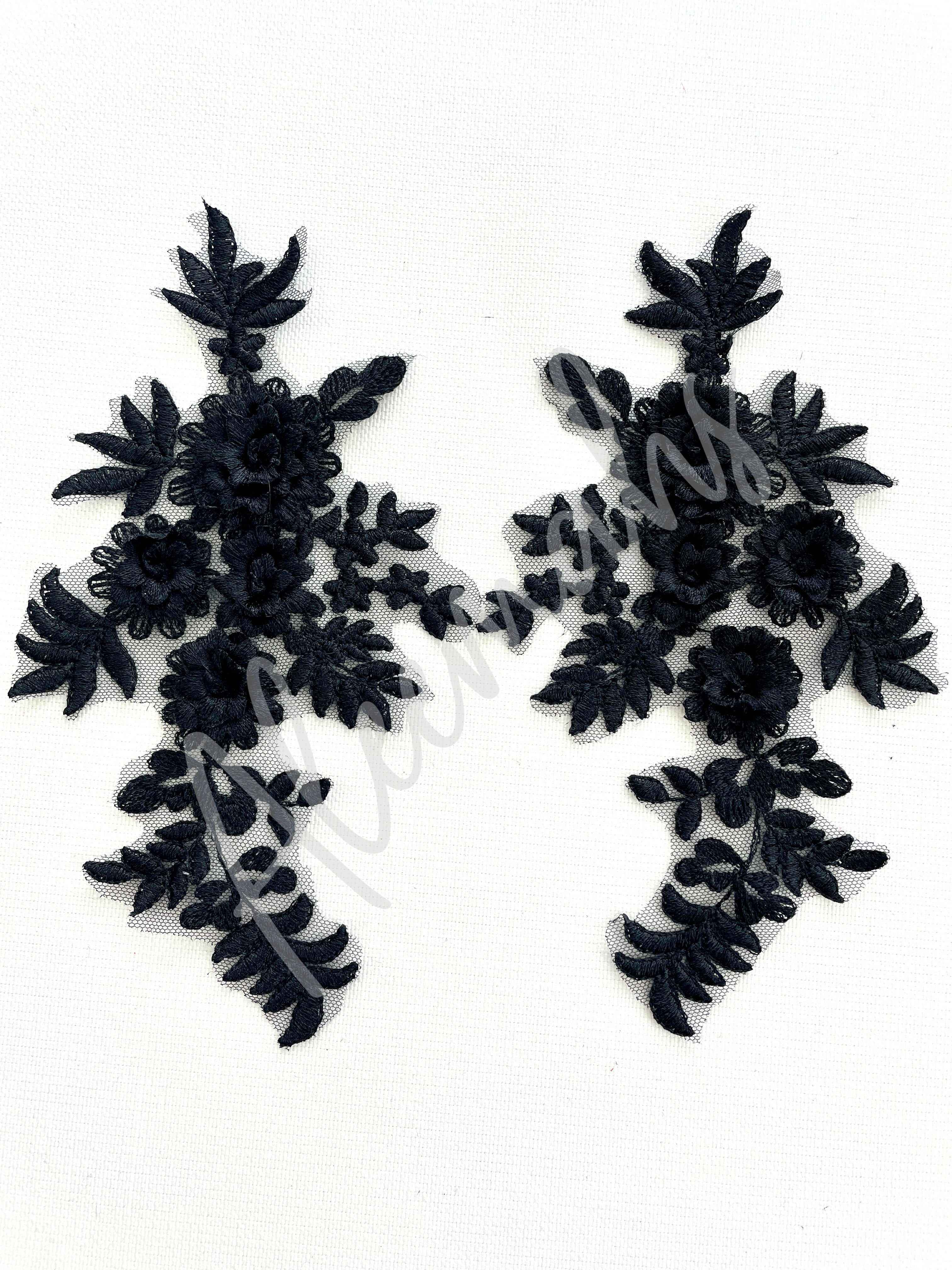 LA-033: 3D floral lace applique pair: Black