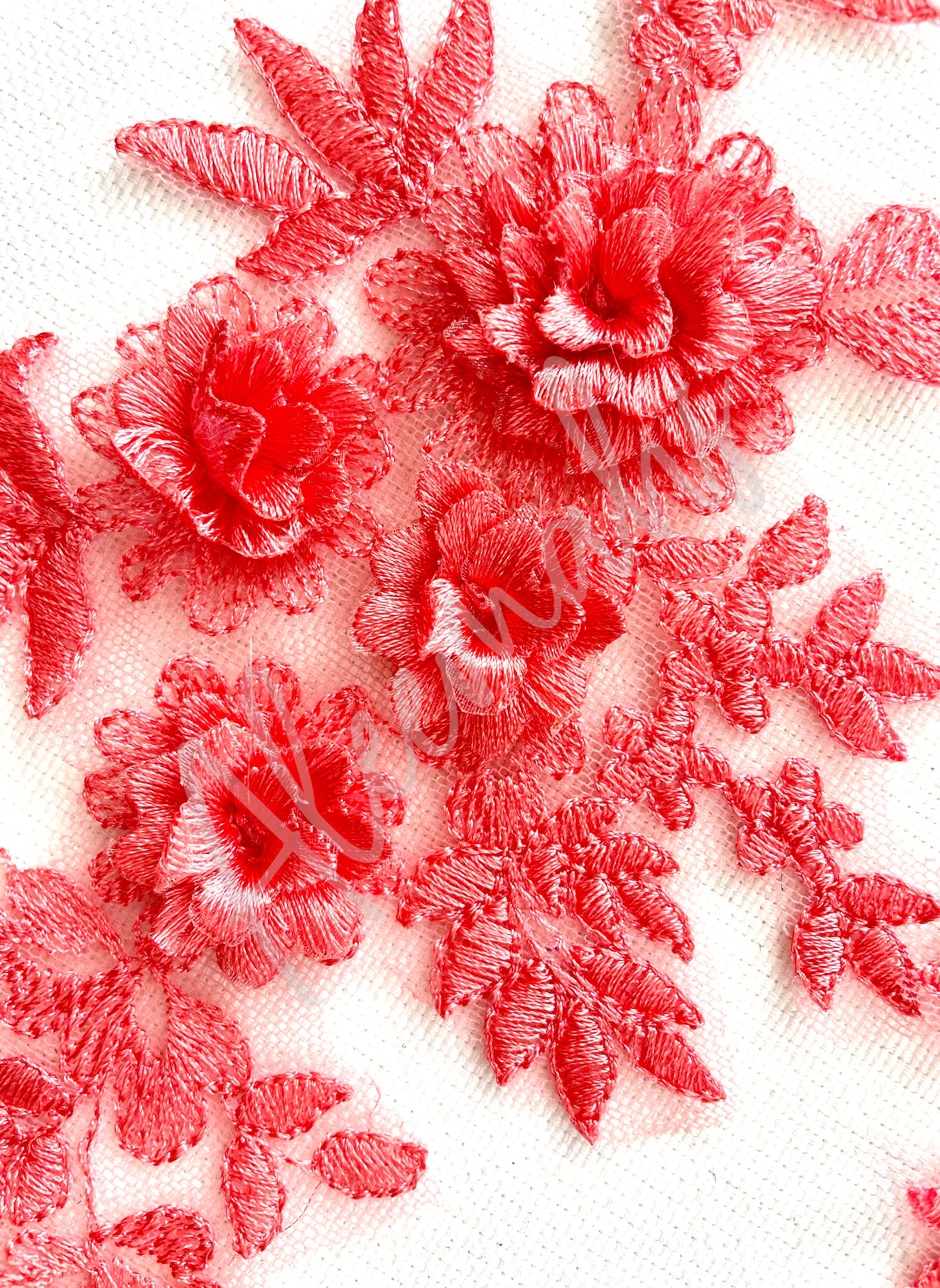 LA-033: 3D floral lace applique pair: Coral