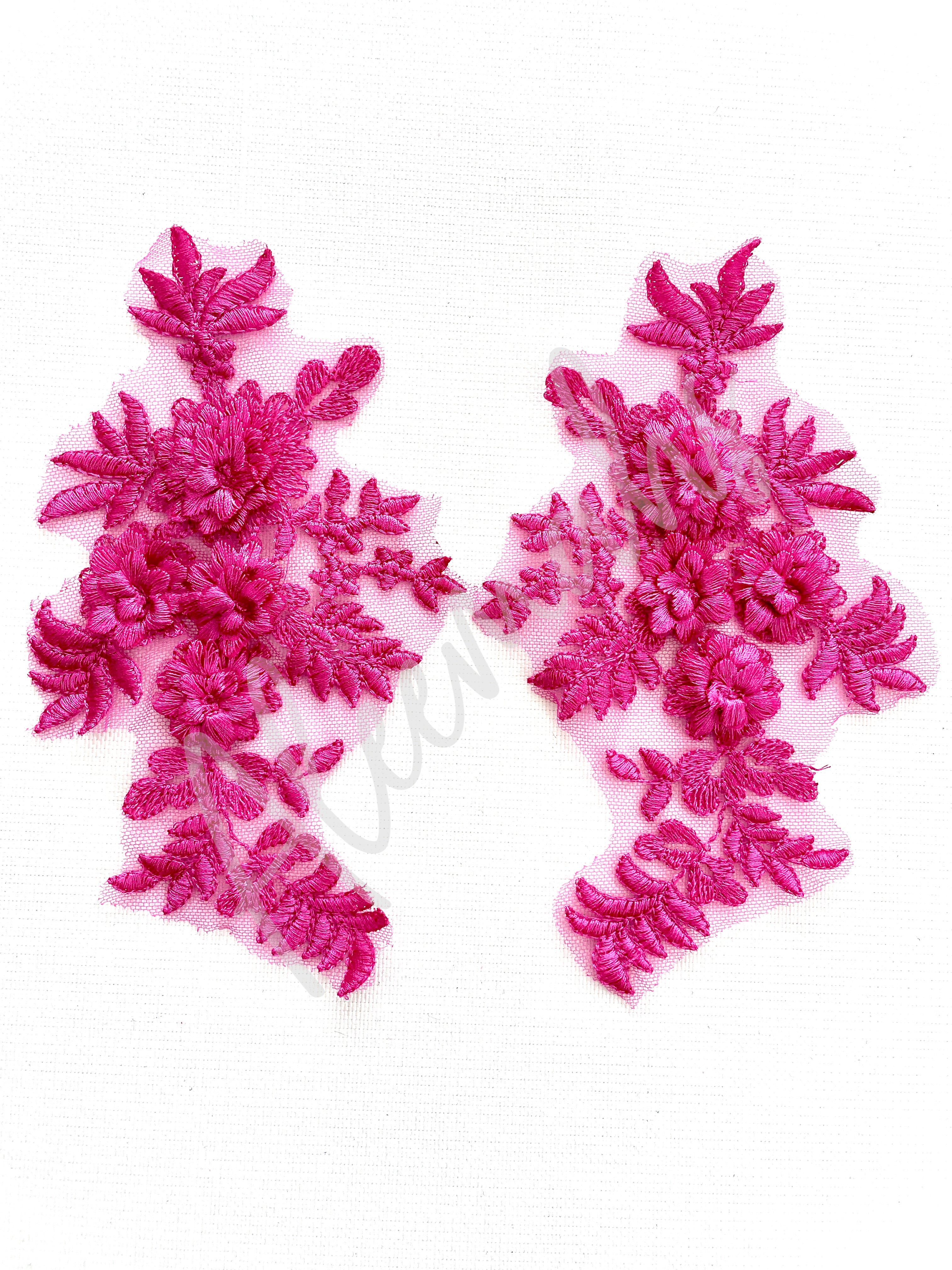 LA-033: 3D floral lace applique pair: Fuchsia