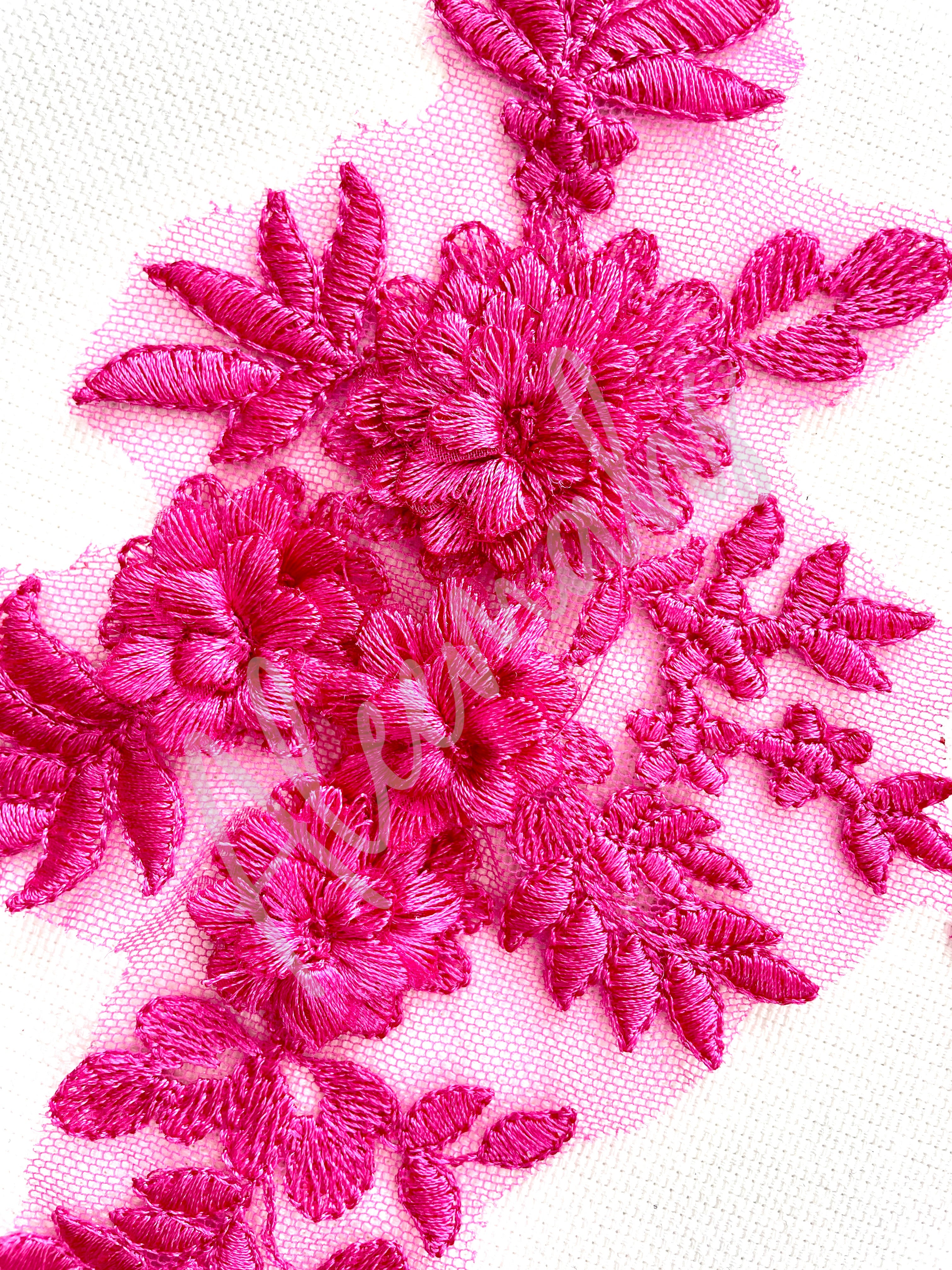 LA-033: 3D floral lace applique pair: Fuchsia