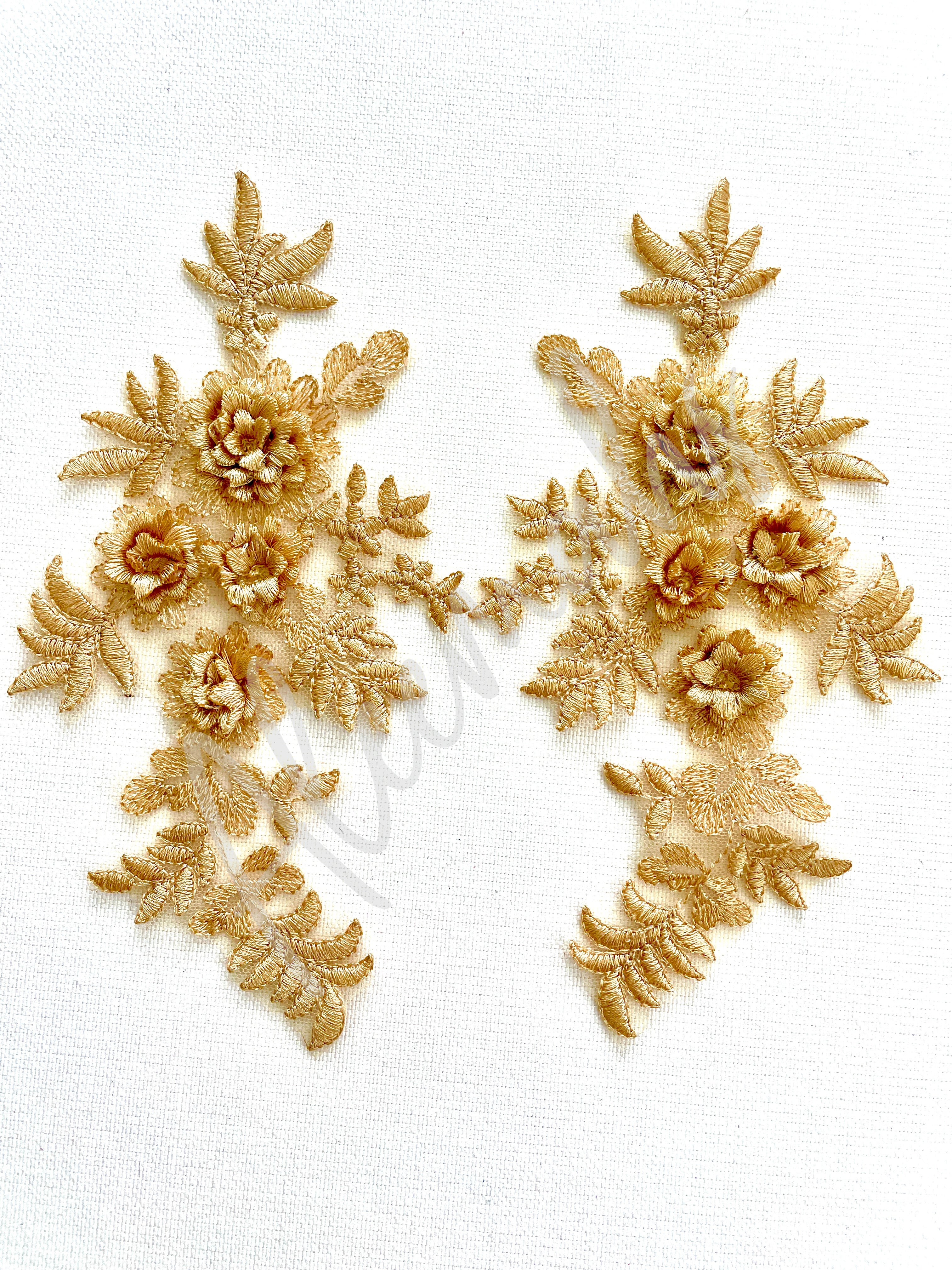 LA-033: 3D floral lace applique pair: Golden beige