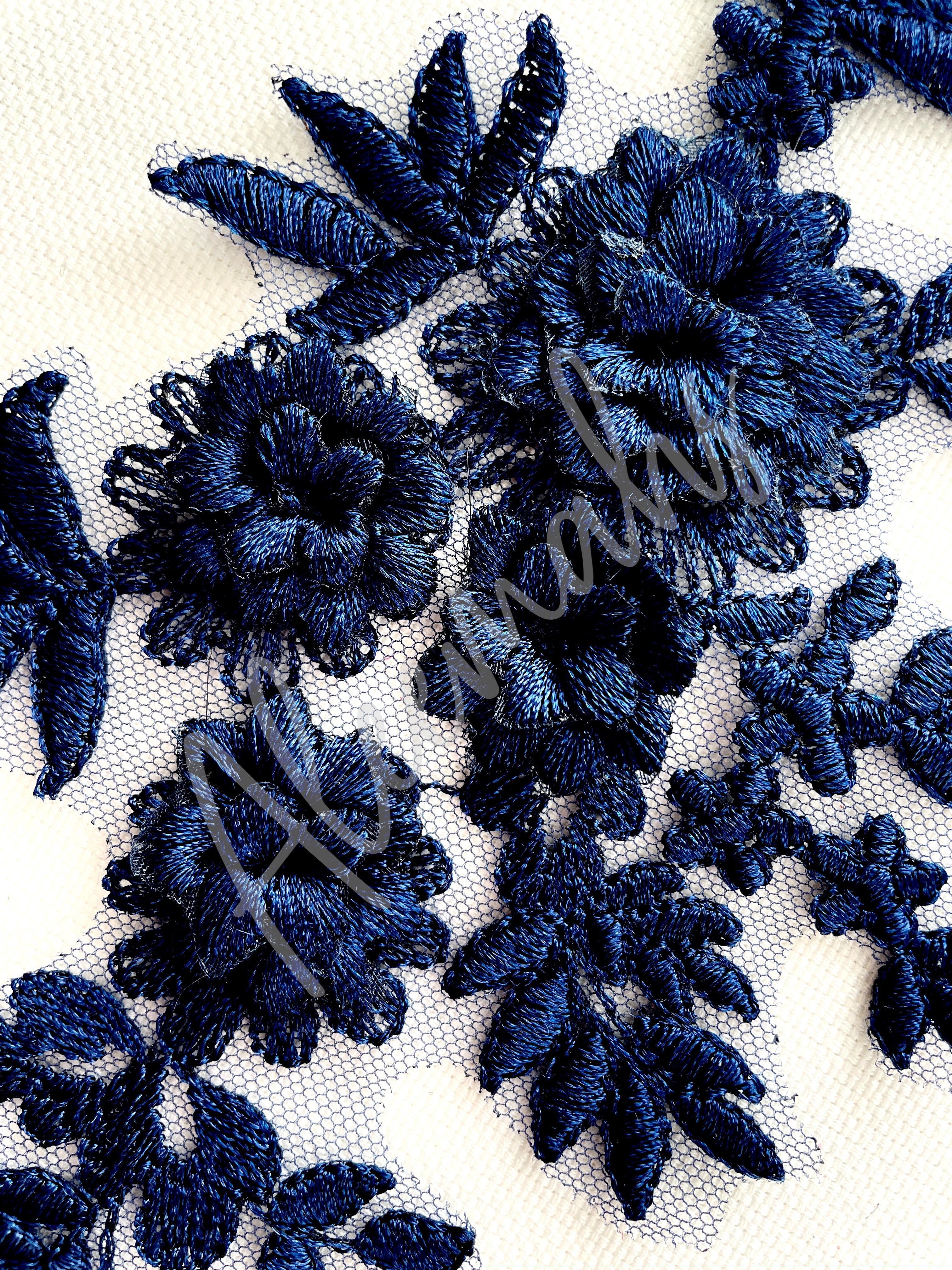 LA-033: 3D floral lace applique pair: Navy Blue