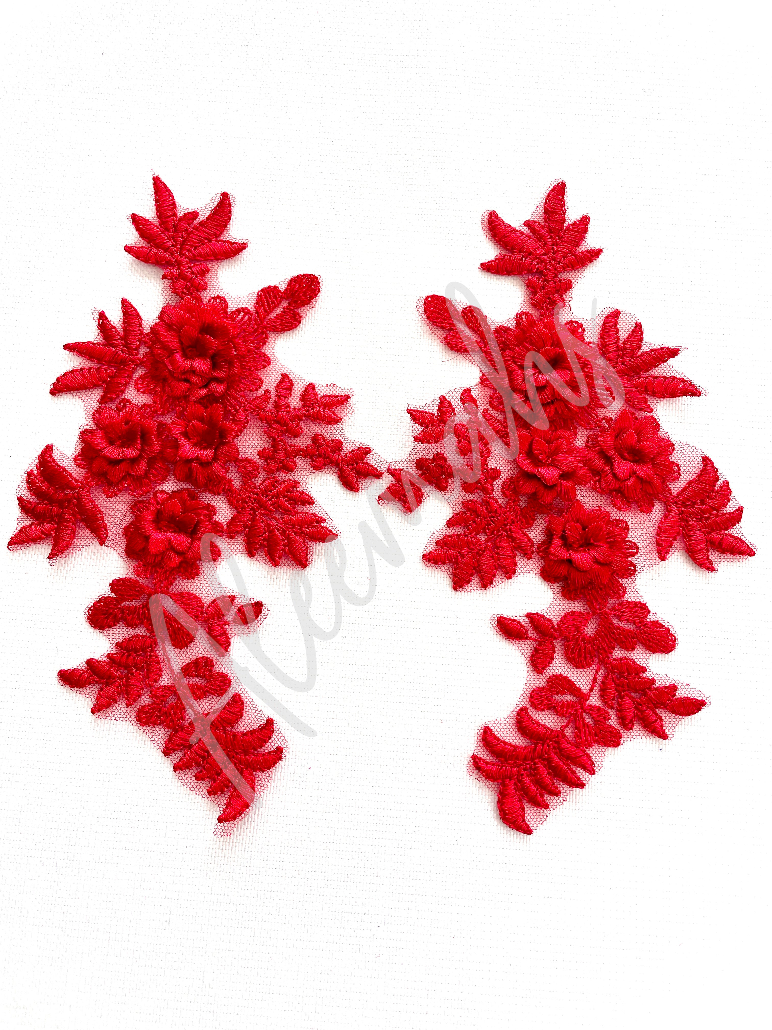 LA-033: 3D floral lace applique pair: Red