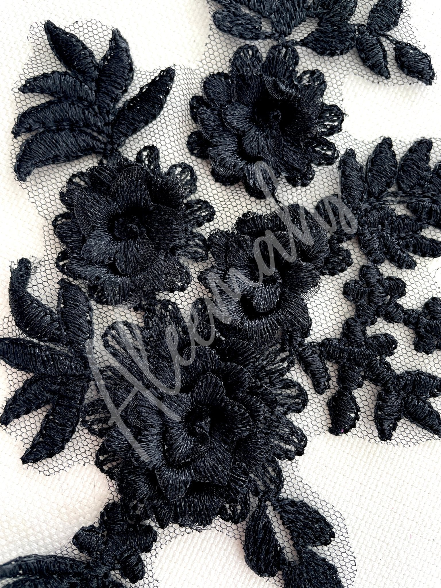 LA - 033: 3D floral lace applique pair: Black - Aleemahs