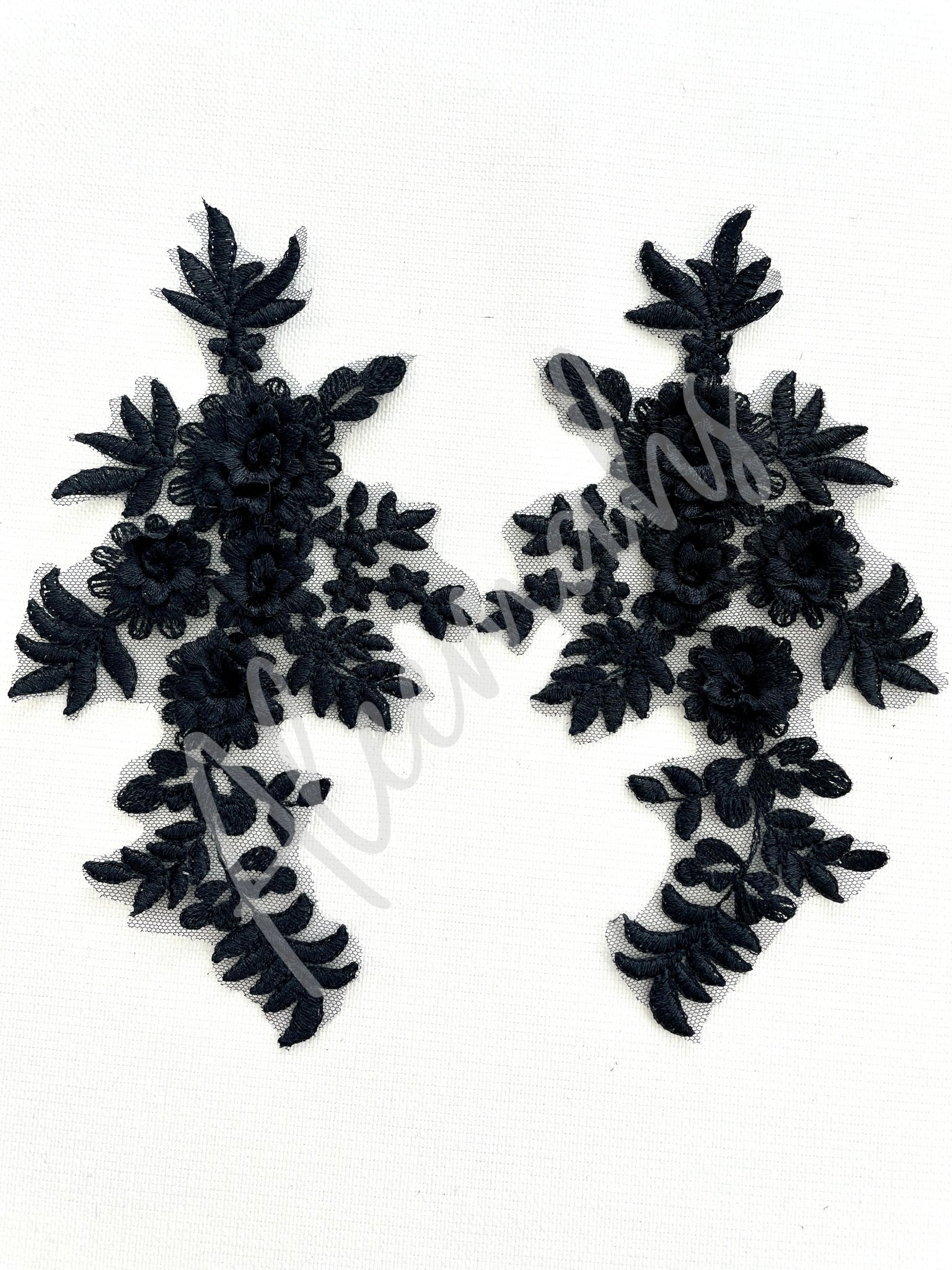 LA - 033: 3D floral lace applique pair: Black - Aleemahs