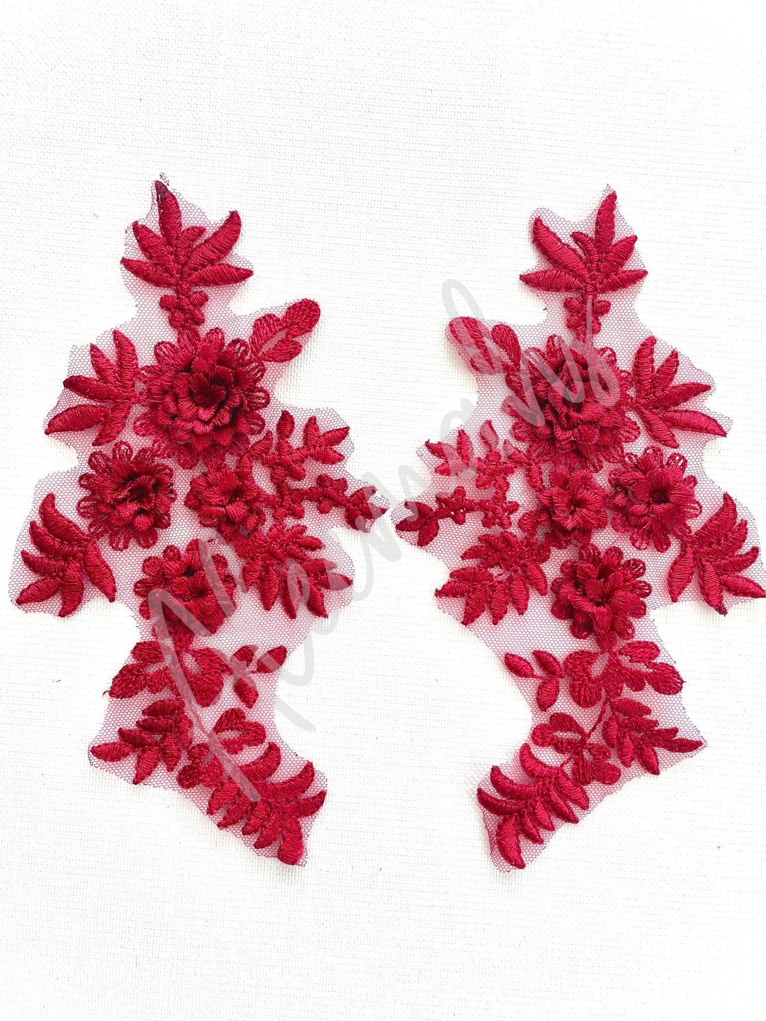 LA - 033: 3D floral lace applique pair: Dark red - Aleemahs