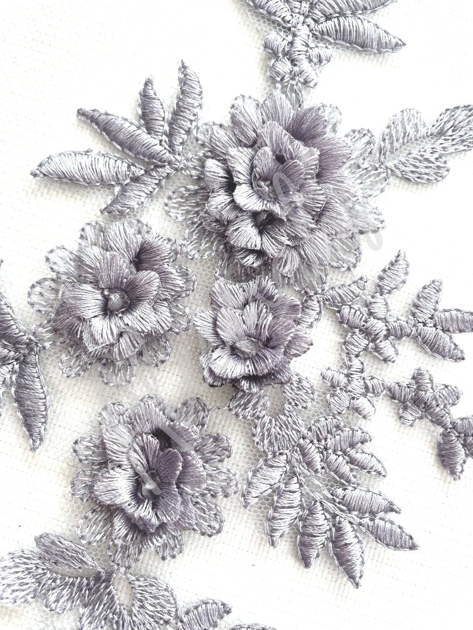 LA - 033: 3D floral lace applique pair: Silver/Grey - Aleemahs