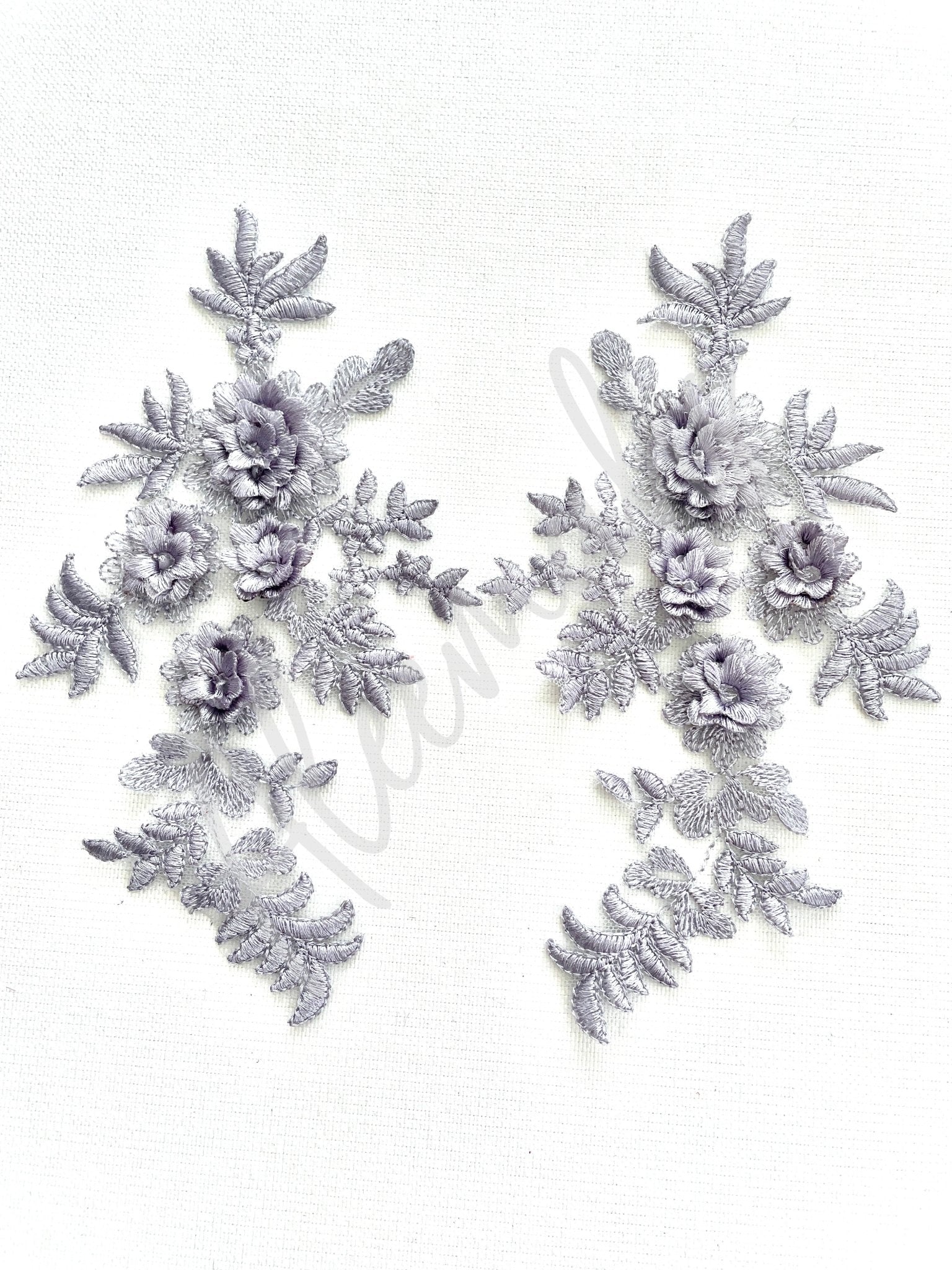 LA - 033: 3D floral lace applique pair: Silver/Grey - Aleemahs