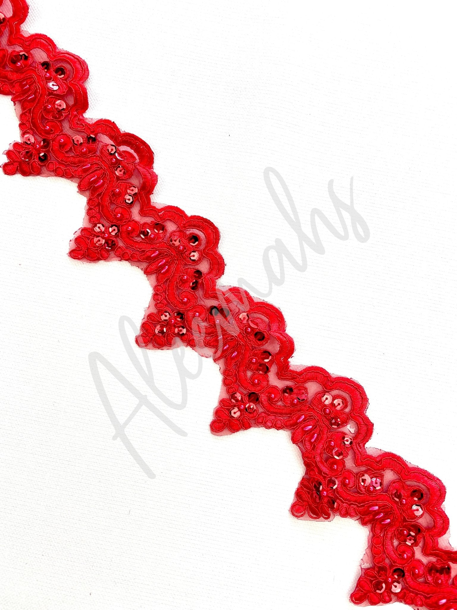 LT - 014: Sequin and bead lace trim Red - Aleemahs
