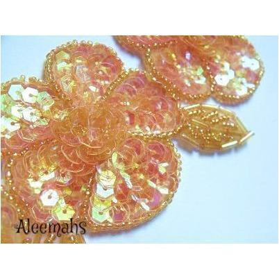 A - 015: Apricot crystal sequin flower and leaf applique - Aleemahs