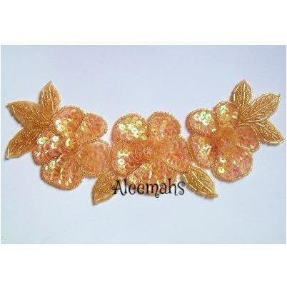 A - 015: Apricot crystal sequin flower and leaf applique - Aleemahs
