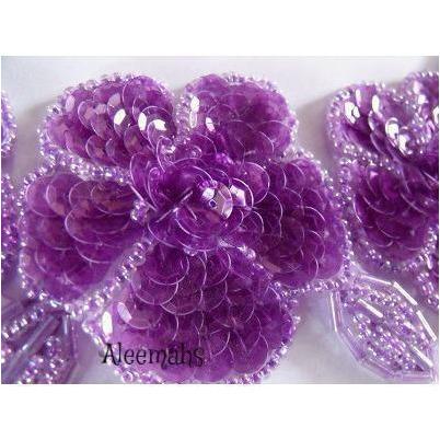 A - 015: Purple crystal 3 flower applique - Aleemahs
