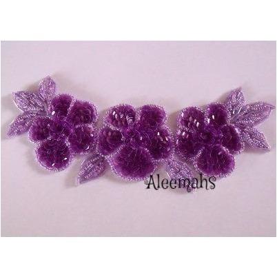 A - 015: Purple crystal 3 flower applique - Aleemahs