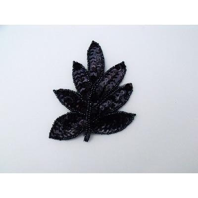 A-091: Black sequin and bead leaf applique