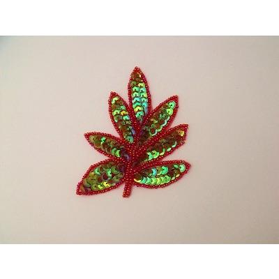 A - 091: Red shimmer sequin and bead leaf applique - Aleemahs