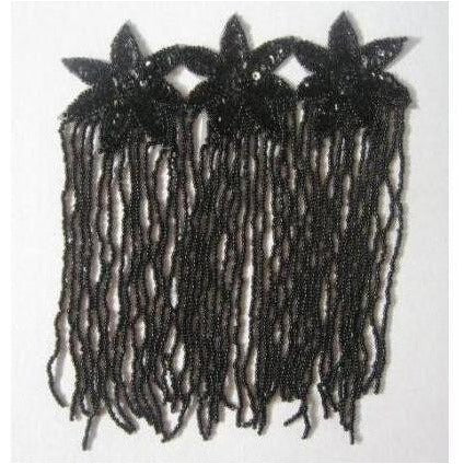 F - 013: Black sequin and bead, 3 flower, fringed applique - Aleemahs