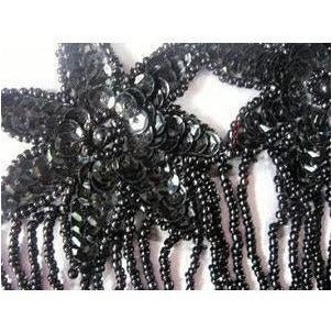F - 013: Black sequin and bead, 3 flower, fringed applique - Aleemahs