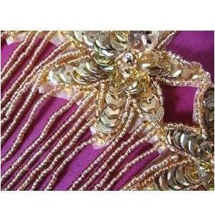 F - 013: Gold sequin and bead, 3 flower fringed applique - Aleemahs