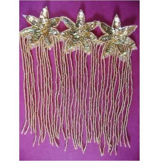 F - 013: Gold sequin and bead, 3 flower fringed applique - Aleemahs