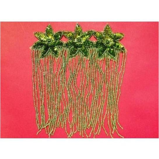 F - 013: Lime sequin and bead, 3 flower, fringed applique - Aleemahs