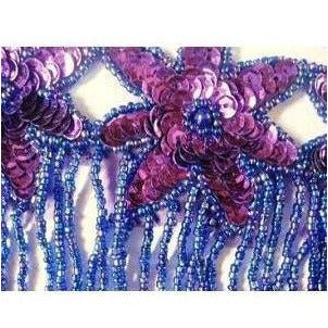 F - 013, Purple sequin and bead, 3 flower fringed applique - Aleemahs