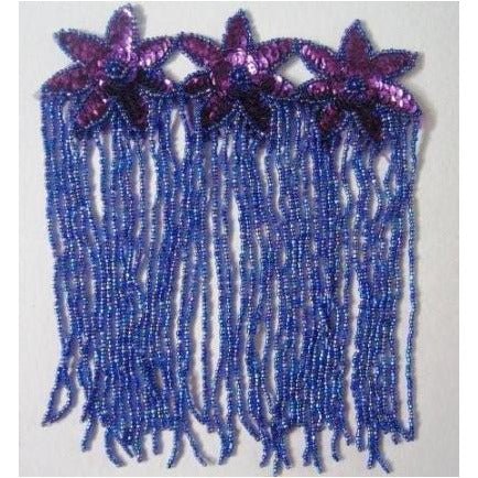 F - 013, Purple sequin and bead, 3 flower fringed applique - Aleemahs