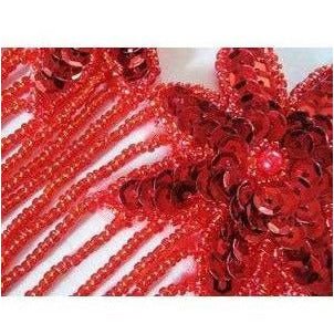 F - 013, Red sequin and bead, 3 flower fringed applique - Aleemahs