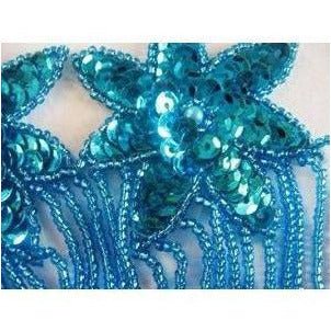 F - 013, Turquoise sequin and bead, 3 flower, fringed applique - Aleemahs