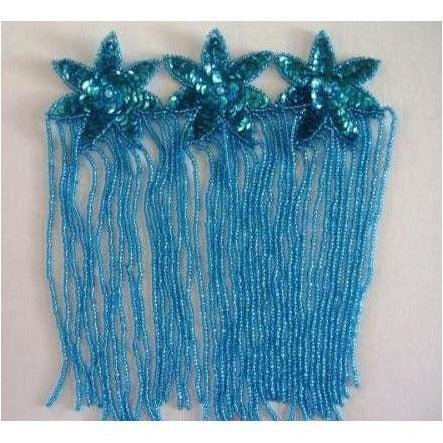 F - 013, Turquoise sequin and bead, 3 flower, fringed applique - Aleemahs