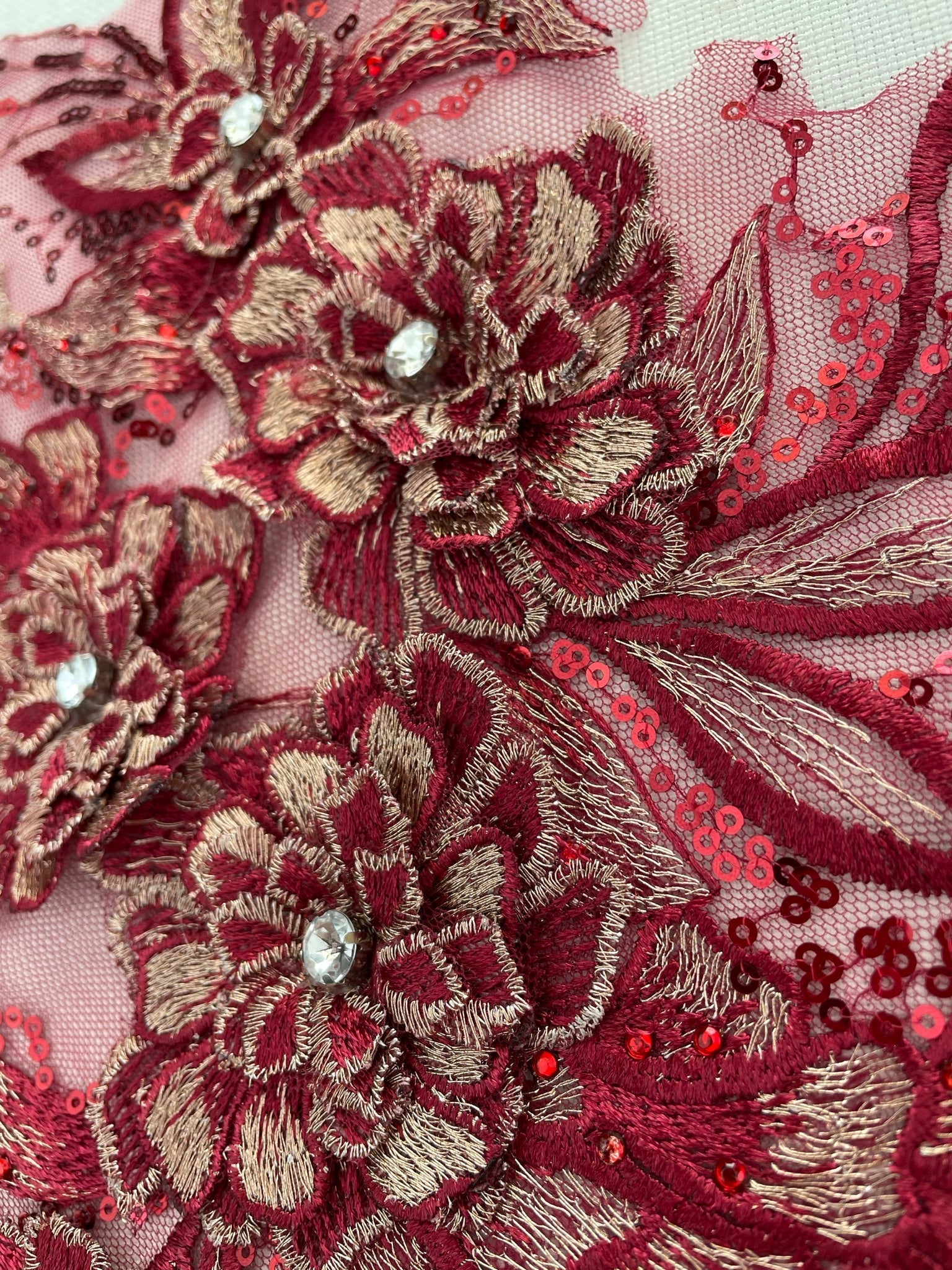 LA - 2103 - 3D Applique with Rhinestone & Sequins Dark Red & Gold - Aleemahs
