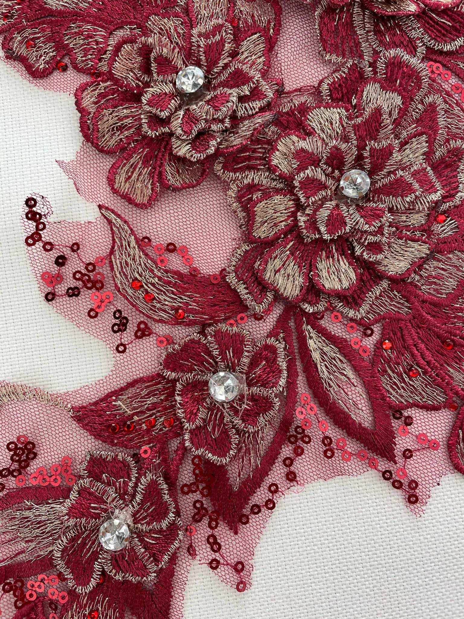 LA - 2103 - 3D Applique with Rhinestone & Sequins Dark Red & Gold - Aleemahs