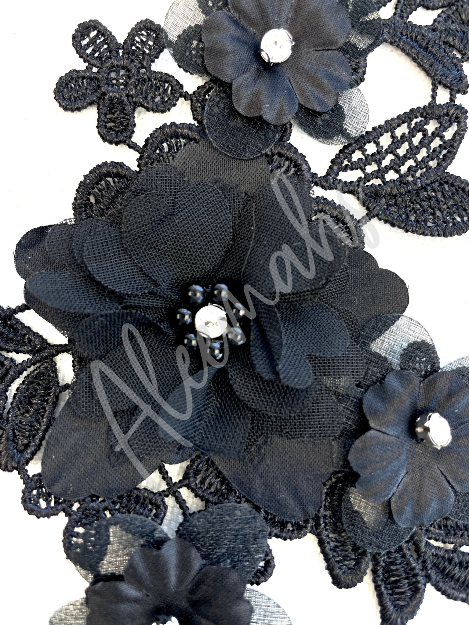 LA - 2108: 3D floral lace applique pair with Rhinestones & Pearls Black - Aleemahs