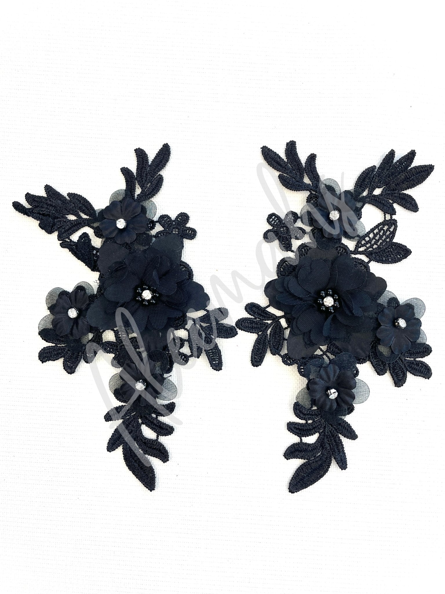 LA - 2108: 3D floral lace applique pair with Rhinestones & Pearls Black - Aleemahs