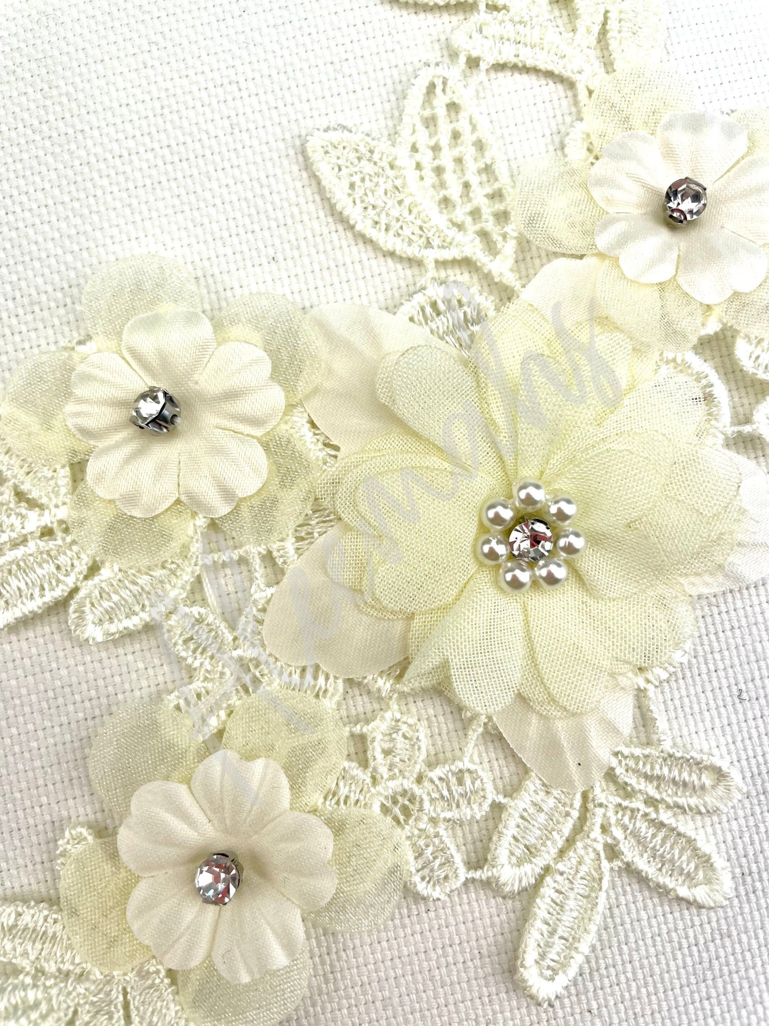 LA - 2108: 3D floral lace applique pair with Rhinestones & Pearls Cream - Aleemahs