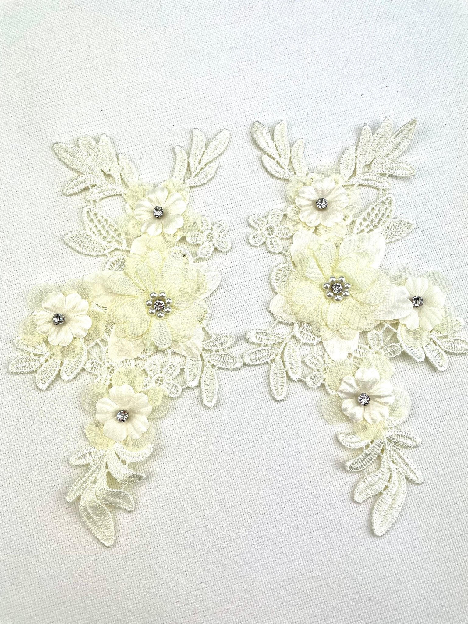 LA - 2108: 3D floral lace applique pair with Rhinestones & Pearls Cream - Aleemahs