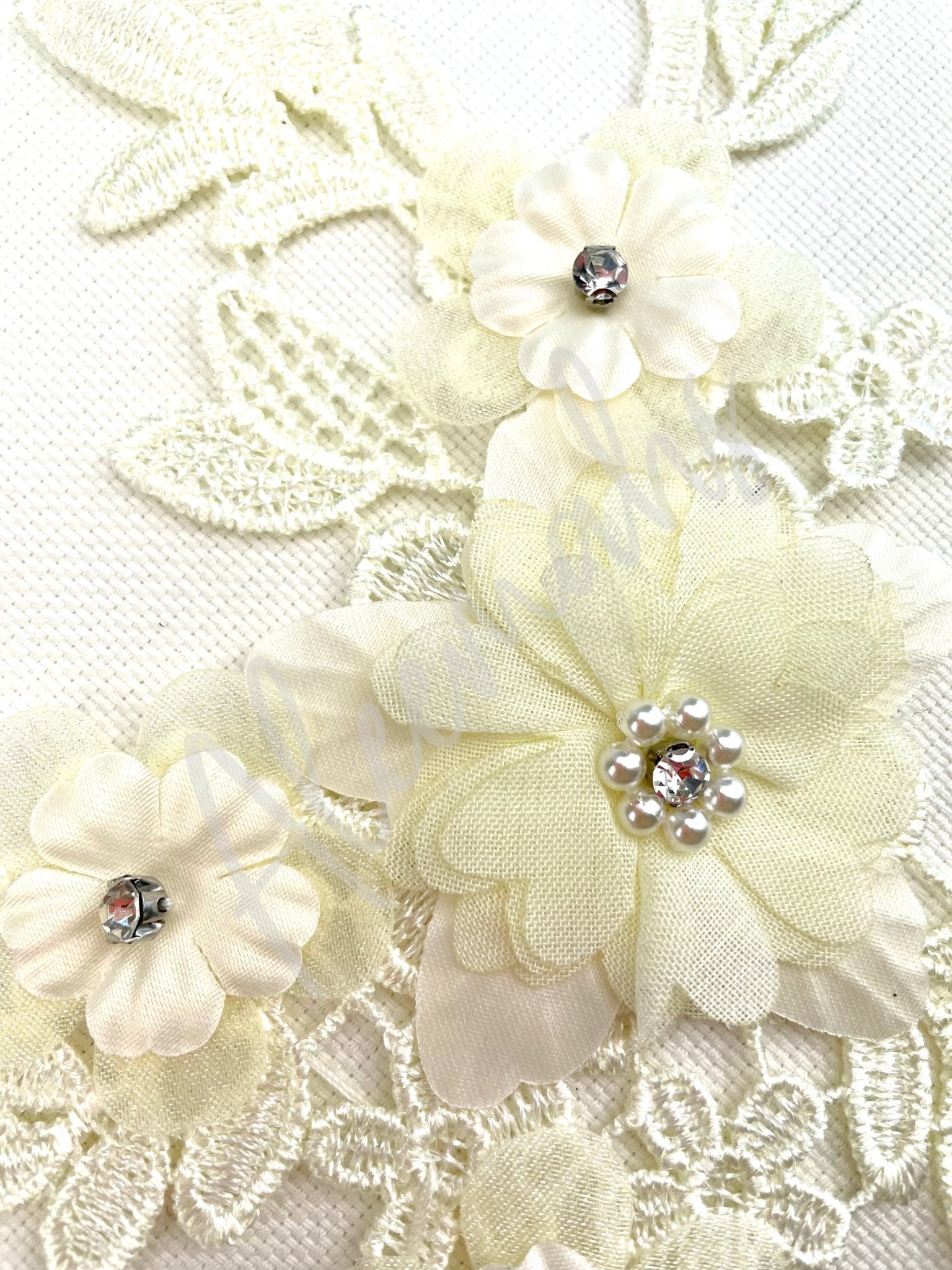 LA - 2108: 3D floral lace applique pair with Rhinestones & Pearls Cream - Aleemahs