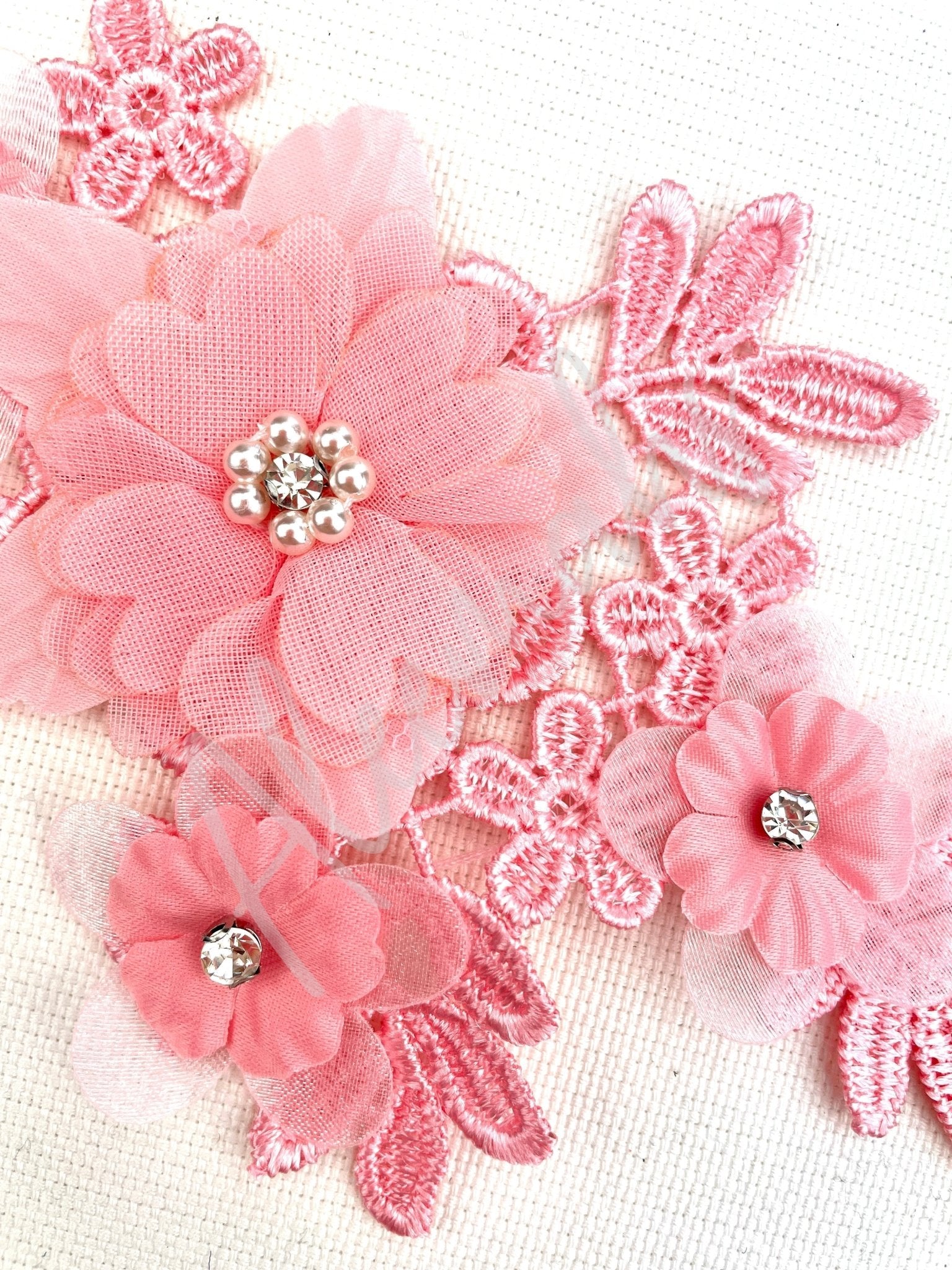 LA - 2108: 3D floral lace applique pair with Rhinestones & Pearls Light Pink - Aleemahs