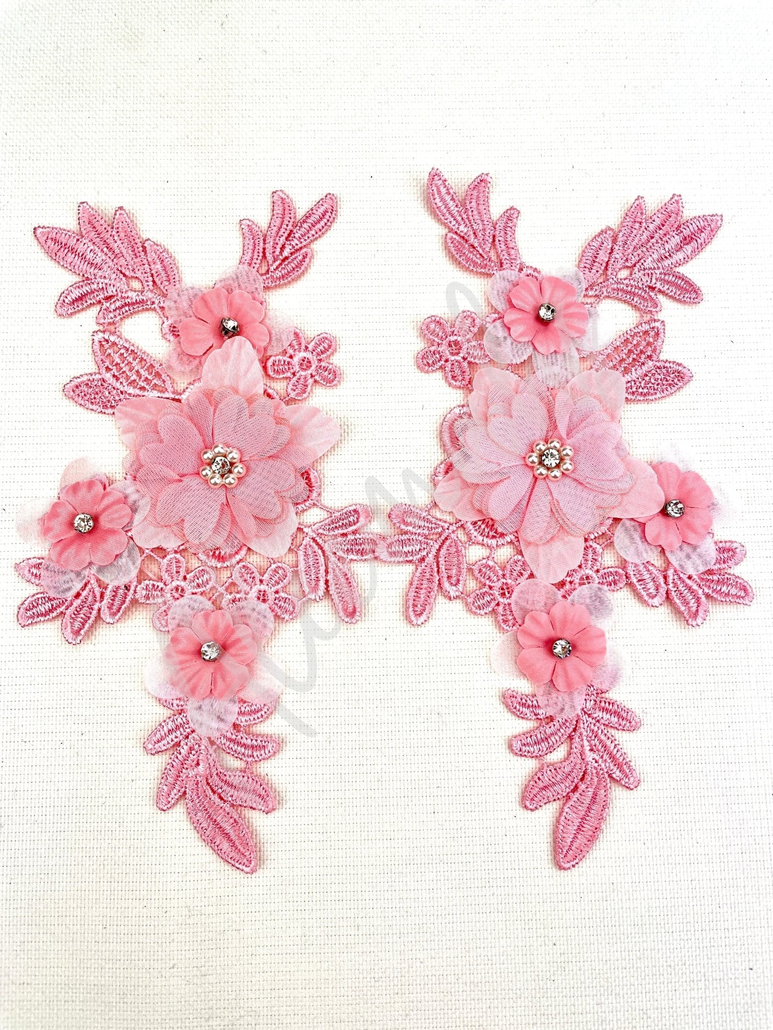 LA - 2108: 3D floral lace applique pair with Rhinestones & Pearls Light Pink - Aleemahs