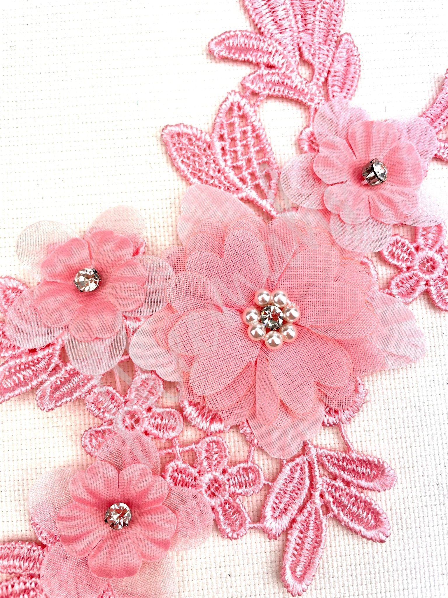 LA - 2108: 3D floral lace applique pair with Rhinestones & Pearls Light Pink - Aleemahs
