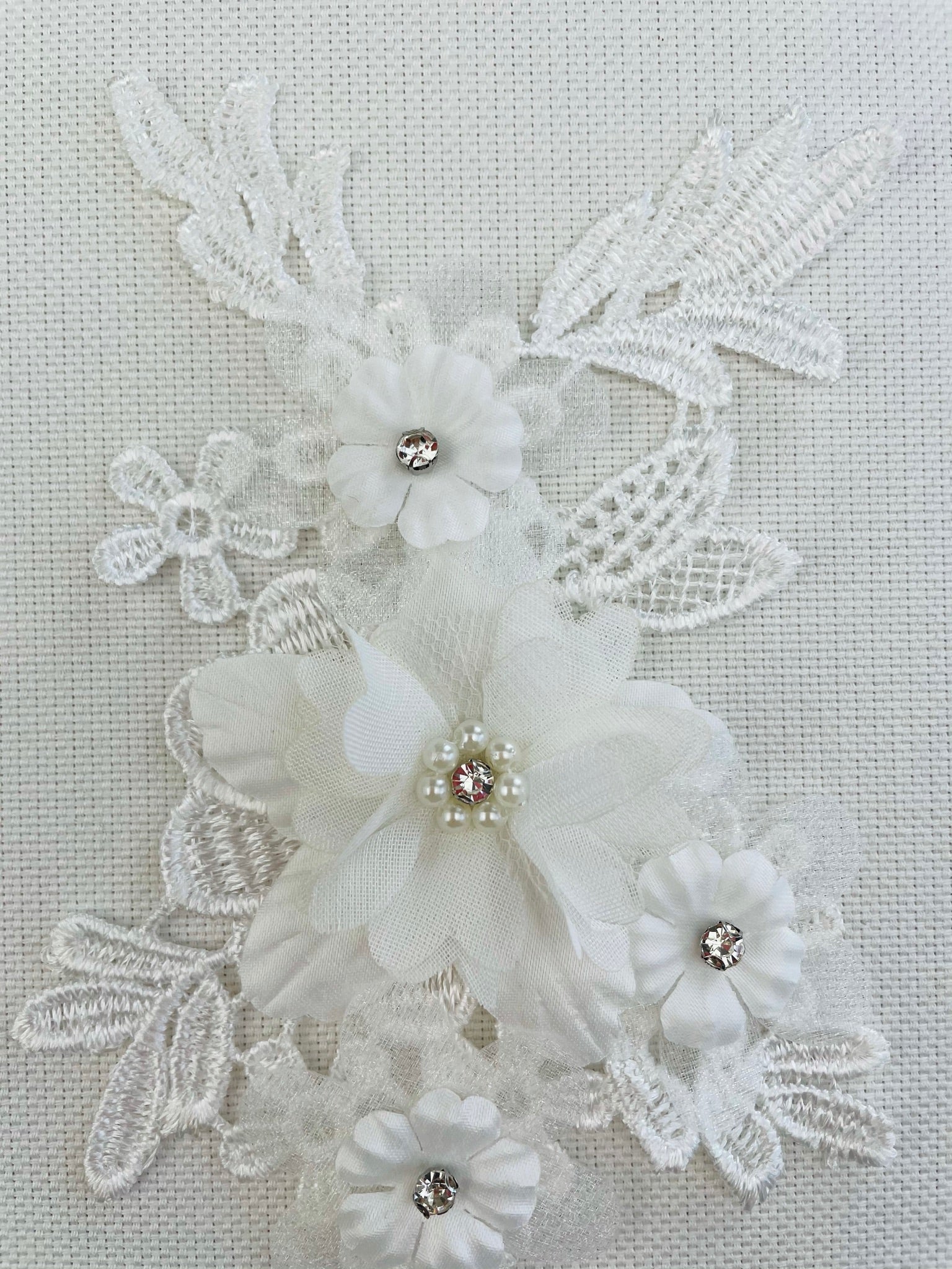 LA - 2108: 3D floral lace applique pair with Rhinestones & Pearls Off White - Aleemahs
