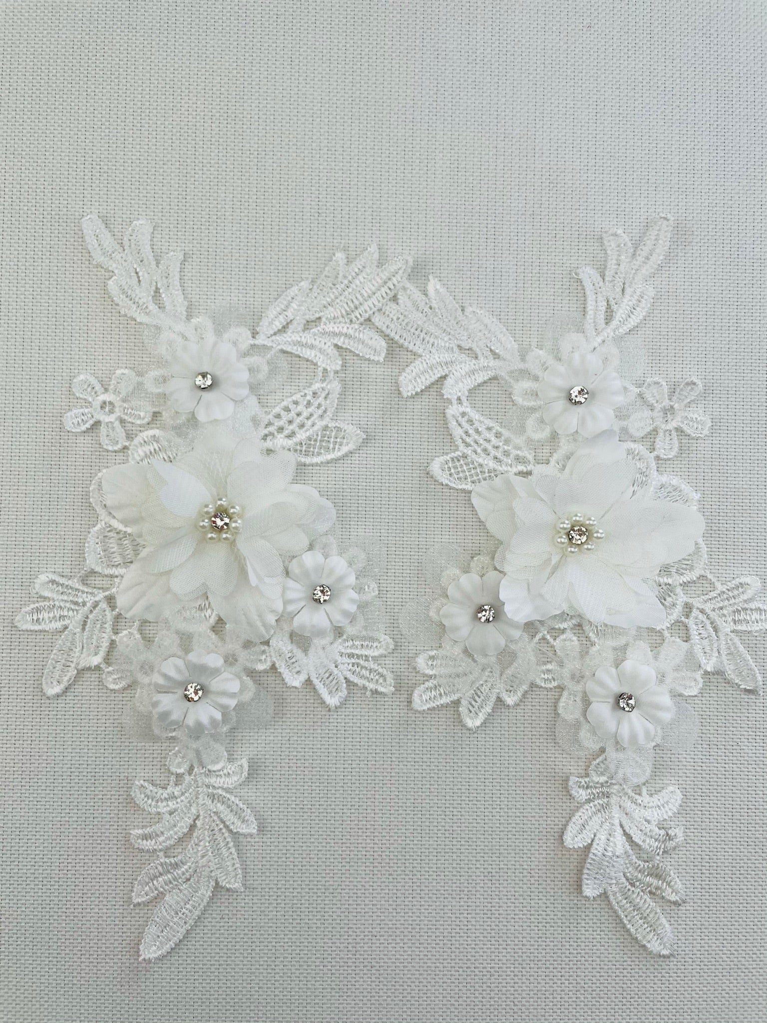 LA - 2108: 3D floral lace applique pair with Rhinestones & Pearls Off White - Aleemahs