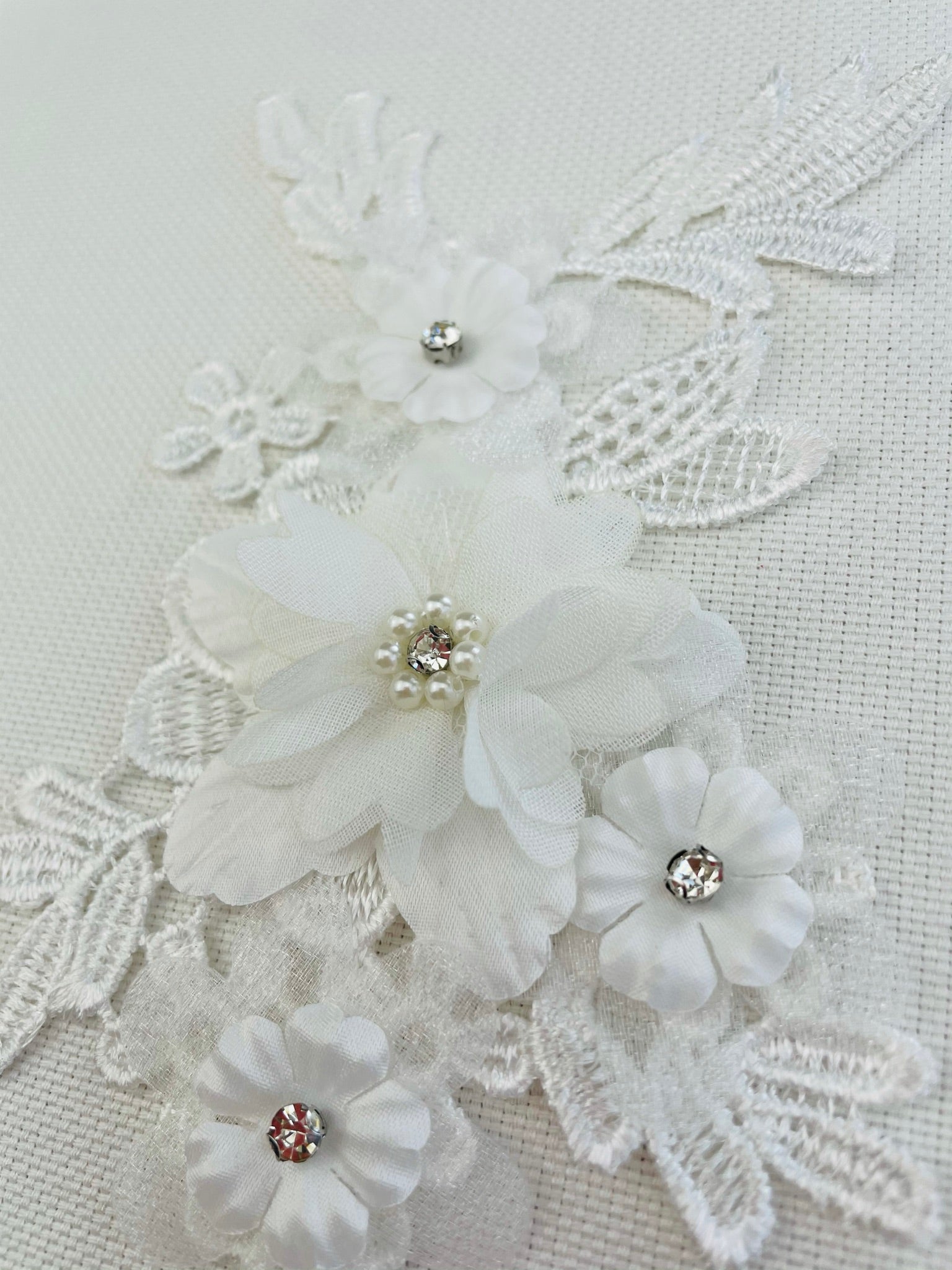 LA - 2108: 3D floral lace applique pair with Rhinestones & Pearls Off White - Aleemahs