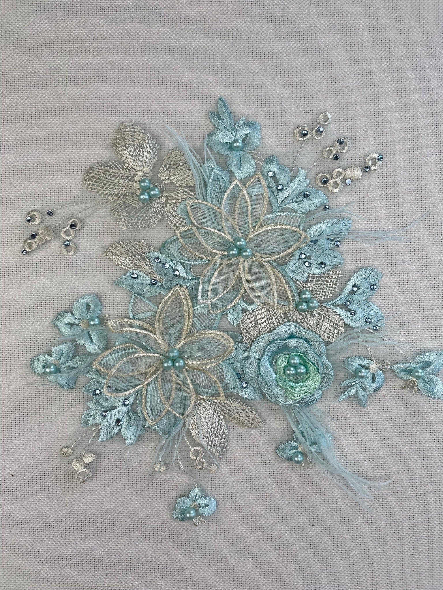 LA - 2111: 3D lace applique with Organza, Pearls, Sequins & Feathers Light Blue & Cream - Aleemahs