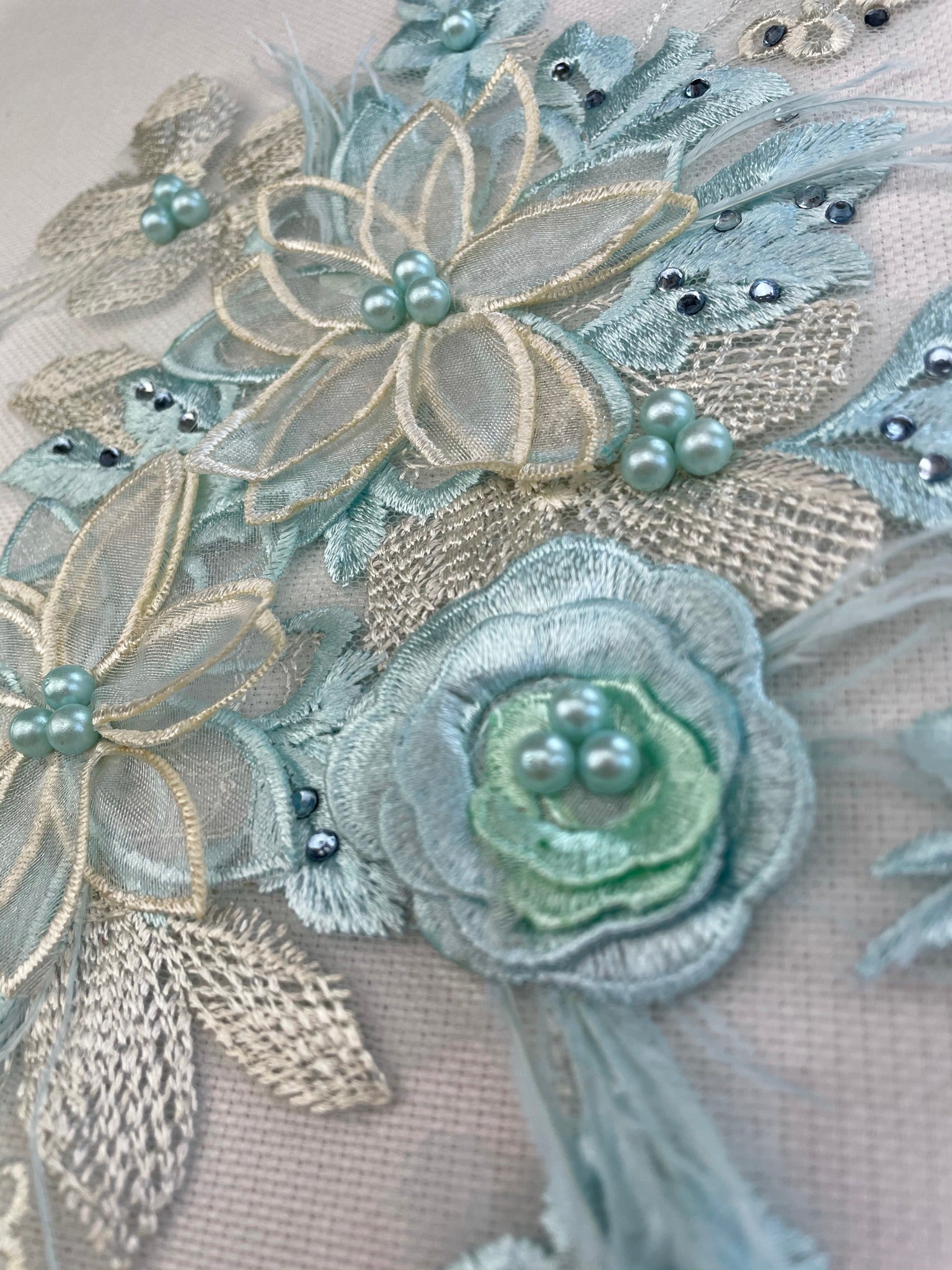 LA - 2111: 3D lace applique with Organza, Pearls, Sequins & Feathers Light Blue & Cream - Aleemahs