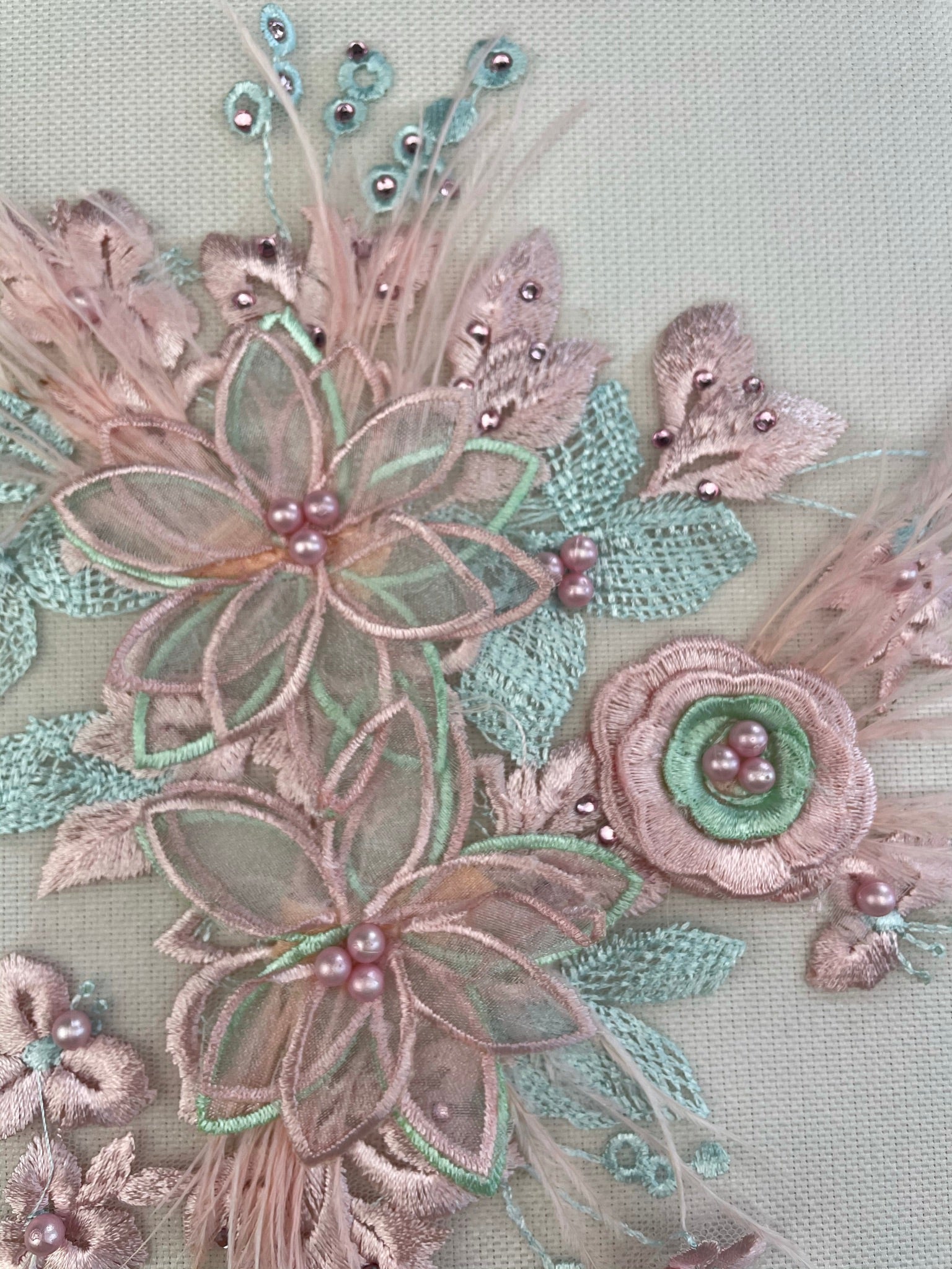 LA - 2111: 3D lace applique with Organza, Pearls, Sequins & Feathers Light Blue & Pink - Aleemahs